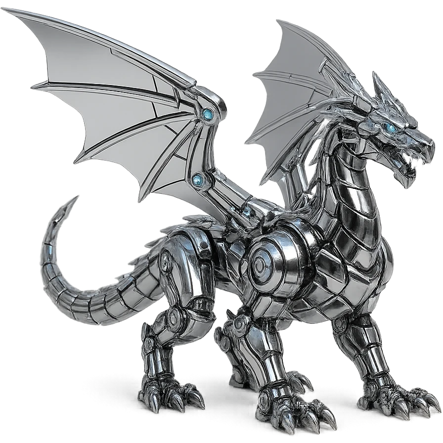 fierce chrome robotic dragon with segmented armor, metallic wings, illuminated accents, 1:1 aspect ratio emoji