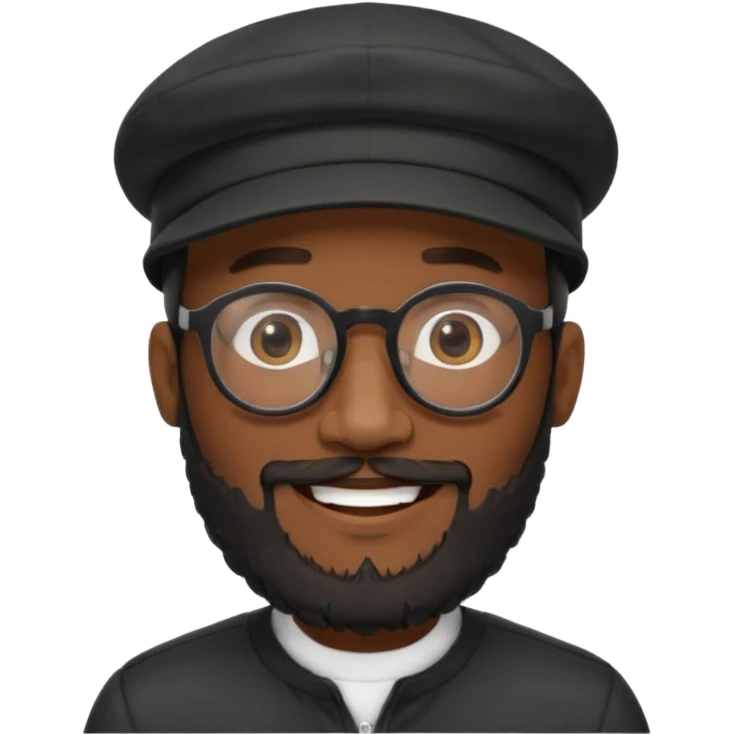 A stylish black man wearing glasses, with a full beard, wearing a black cap, realistic, high detail, studio lighting. emoji