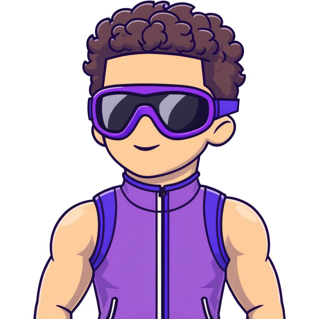 male athlete with white skin and moderately curly dark brown hair on top with shaved sides, wearing ski goggles with purple frames and very dark black lenses, a simple plain black chain necklace, and a completely unzipped sleeveless vest with purple and black sequin fire pattern design with no logo, fully revealing his chest, shoulders and arms, no earrings emoji
