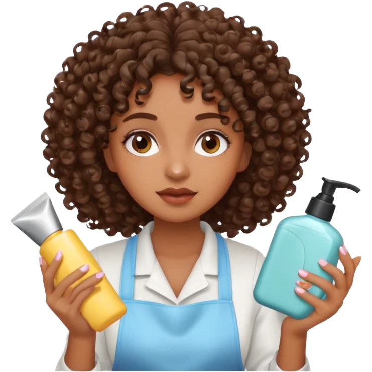 Menina na cor parda, com os cabelos bem cacheados e fazendo o movimento col produtos na mão limpando e cuidando do rosto emoji