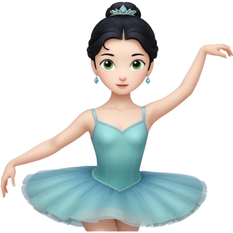 Cinematic Realistic ballerina Medium Blue Portrait, depicted with lifelike skin texture, subtle rosy undertones, and soft natural lighting that enhances the gentle contours of her face. Her intricately detailed sweet black hair is elegantly styled, green eyes emoji