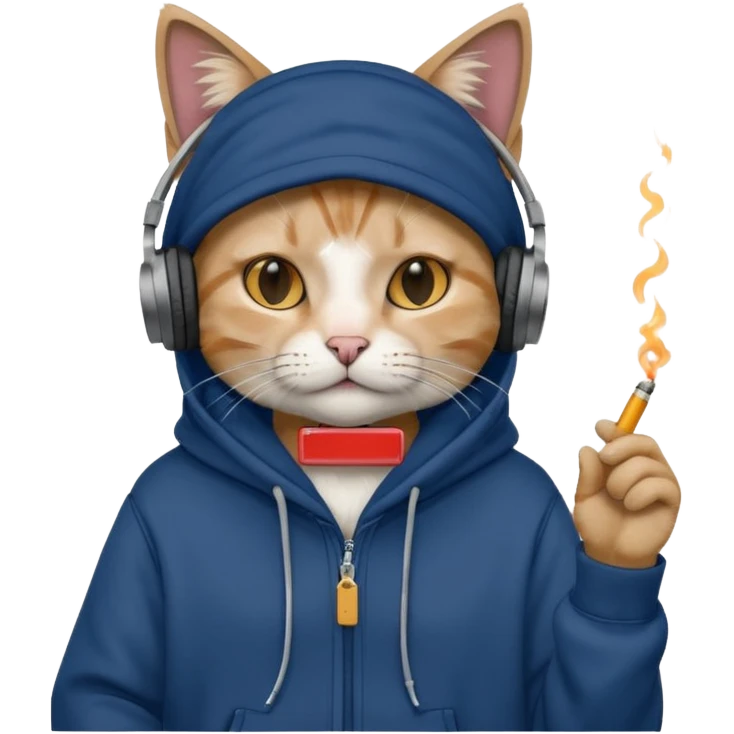 cat in headphones, in a dark-blue oversized hoodie with a cigarette in his hand  emoji