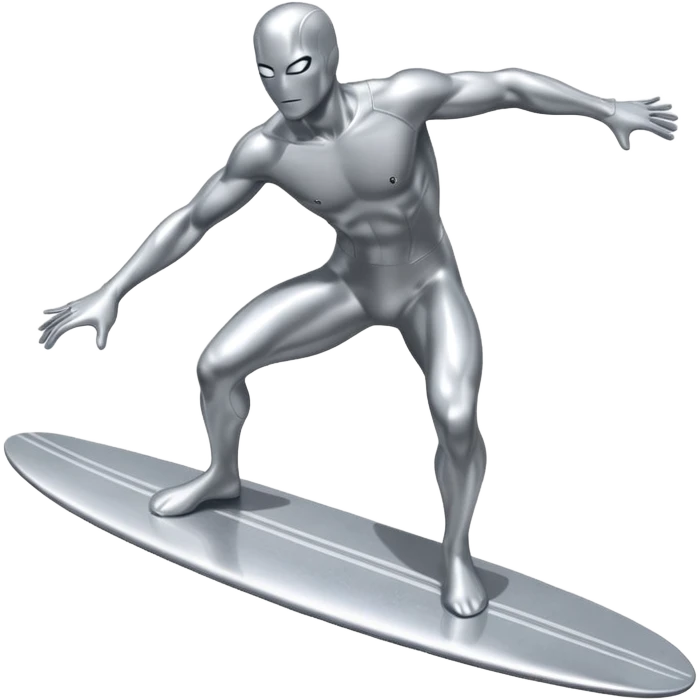 silver surfer standing on his board, dynamic pose, metallic shine emoji