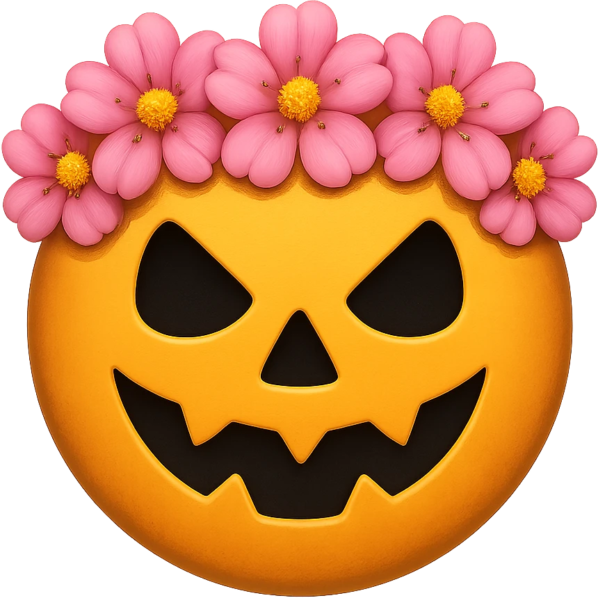 halloween yellow face with pink flower crown emoji, digital illustration, remove background emoji