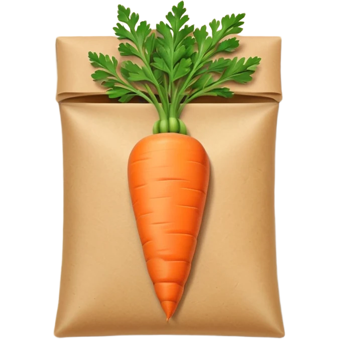 emoji-style carrot seed packet, small pouch, orange carrot illustration, green leaves, minimal design, clean lines, soft shading, light brown paper texture, cartoonish, mobile emoji emoji