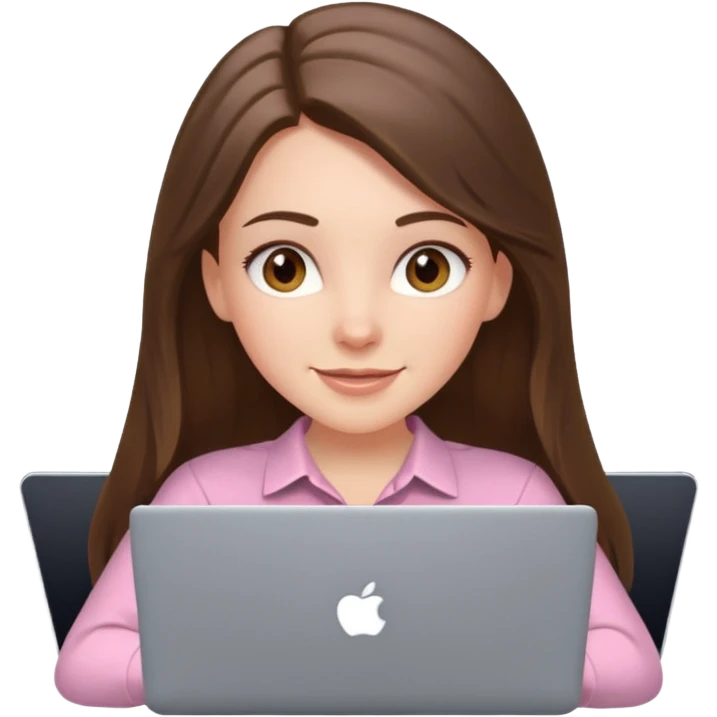 happy white long brunette hair girl with hazel eyes and in light pink using laptop emoji