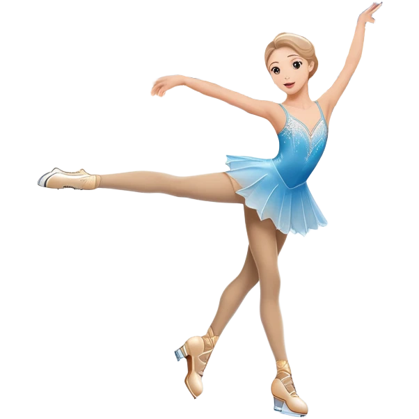An icon featuring a graceful figure skater performing a spin on the ice. The background includes a grand ice rink palace with shining spotlights and cheering spectators in the stands. Transparent background highlights the elegance and artistry of figure skating emoji