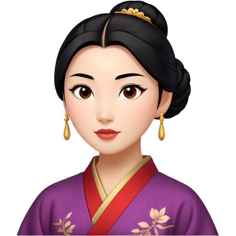 Cinematic Elegant Mulan Portrait Emoji, rendered in a realistic, vector-style with minimal shading and bold, simplified shapes. Depict Mulan (chest and above) with warm, light-toned skin, almond-shaped eyes, and sleek black hair styled in a traditional bun. She wears a modest, traditional robe with subtle red and gold accents, glowing with a soft, refined radiance and high shine, capturing timeless beauty and inner strength. emoji