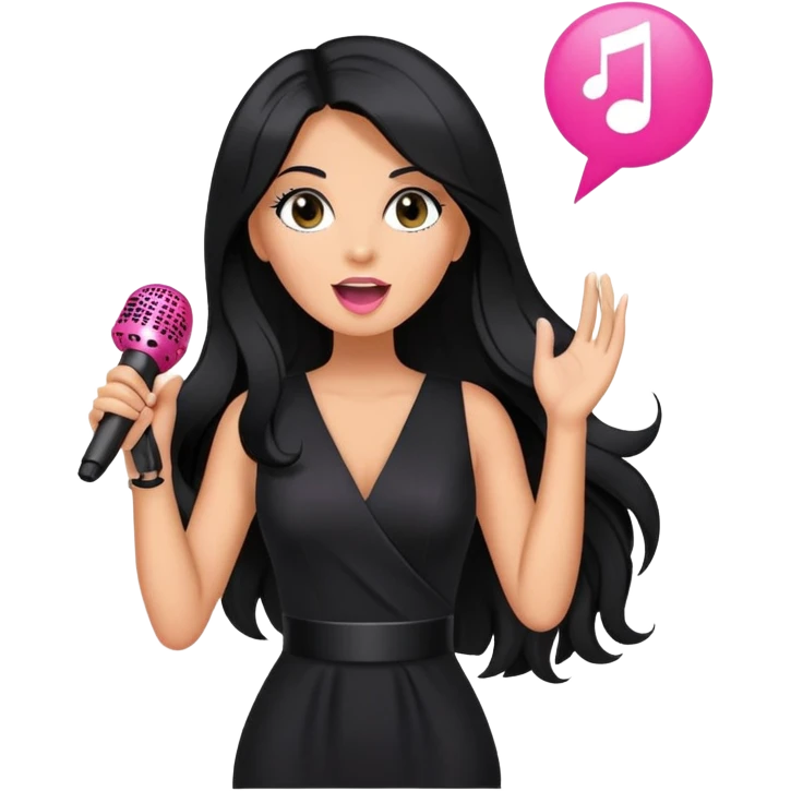 pink microphone, music, singing, long black hair tanned woman, black glam dress emoji