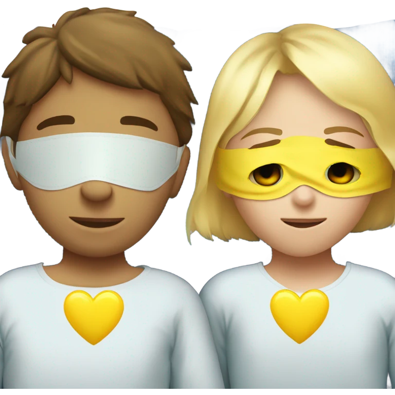 Two blonde children, sick, each in their own bed, wearing masks, one Boy, one girl,, at home, get well soon sign with yellow heart emoji