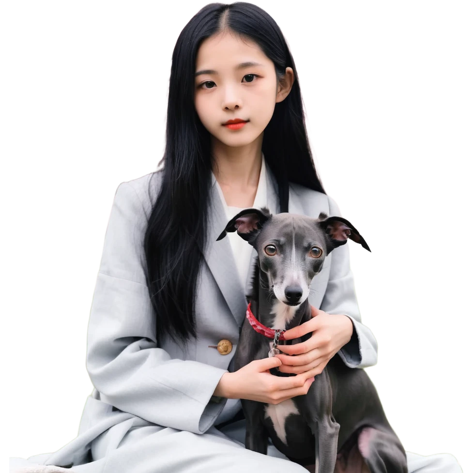 A young Chinese girl with long black hair and a dark grey Italian Greyhound with absolutely no white marks on its body or nose sitting under a cherry blossom tree emoji