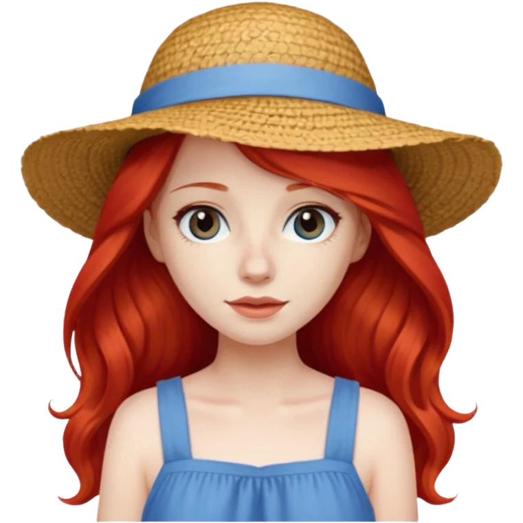 girl_wearing_summer_hat, red long hair, blue dress emoji