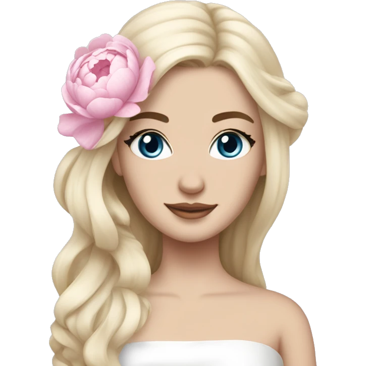 White bride with long light blonde hair and blue eyes with light pink peonies in hair white skin  emoji
