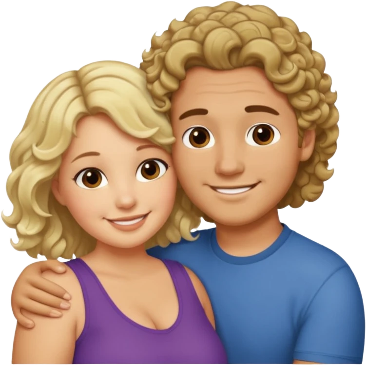 flirty couple hugging. The man short dark brown hair. The woman is chubby and has shoulder-length blond curls emoji
