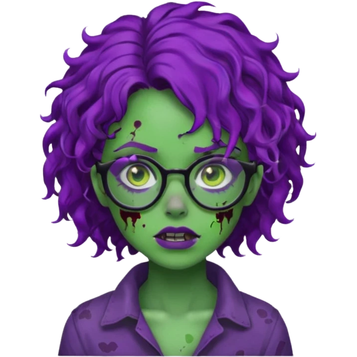 Crie uma garota zumbi com cabelo cacheado roxo, óculos preto e sardas com a pele verde  emoji