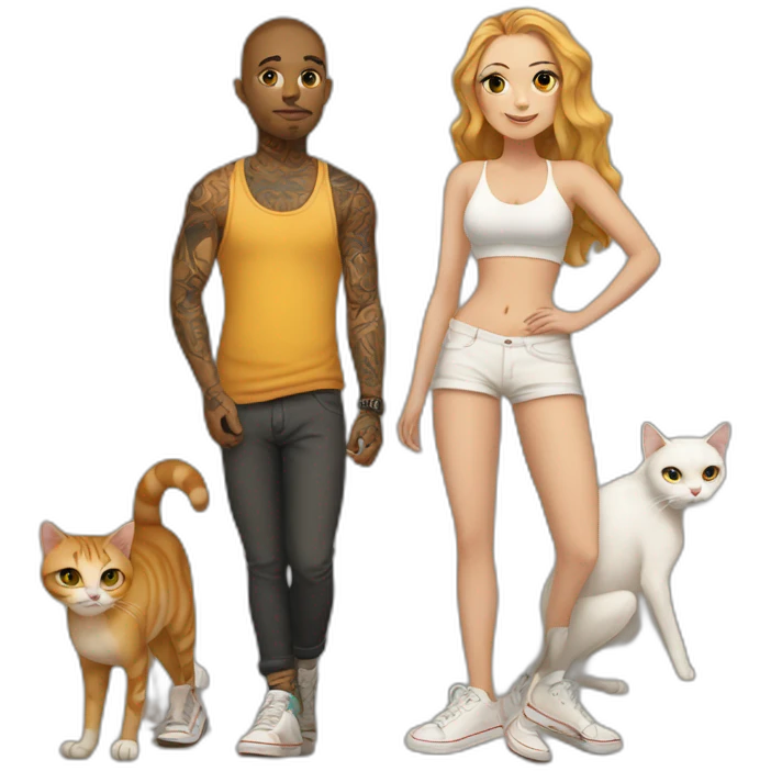 Tan skater and White Girl with tattoos holding 2 fat cats emoji