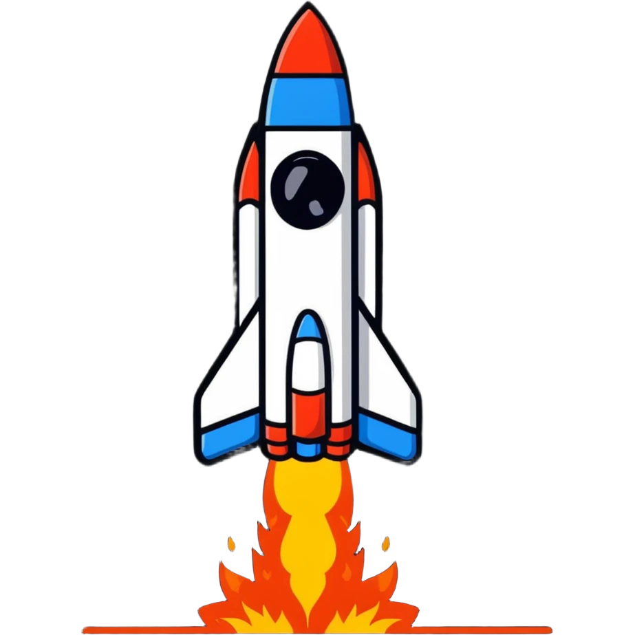 Mini spaceship blasting off with fire emoji