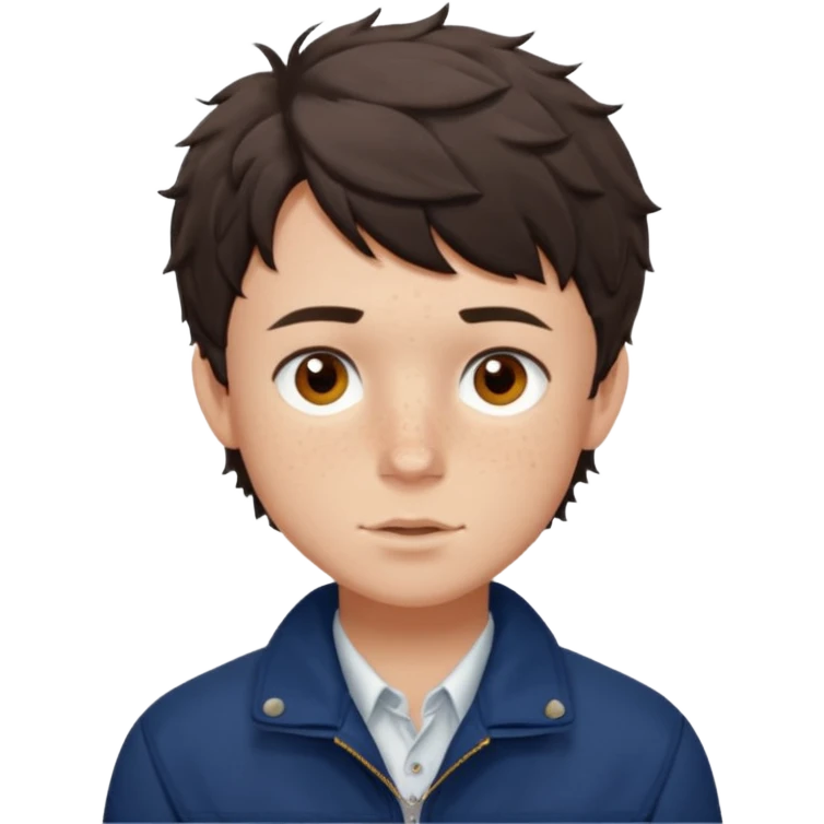 Owen Cooper in dark brown short and choppy fringe short wavy hair with brown eyes, freckles on his cheeks, wearing deep blue jacket and white shirt emoji