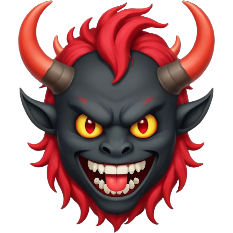 демон с чёрной как уголь кожей, красными клыками, двумя красными рогами торчащими у него изо лба, красной гривой и глазами смеётся (рядом текст "Ха-Ха") emoji