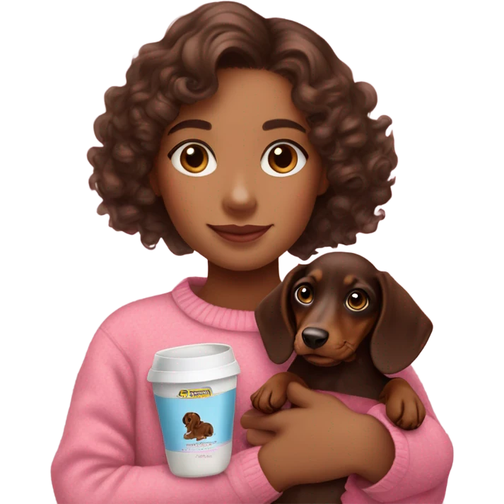 Brunette girl with medium curly hair in a pink sweater holds a dachshund chocolate and creams puppy in her arms emoji