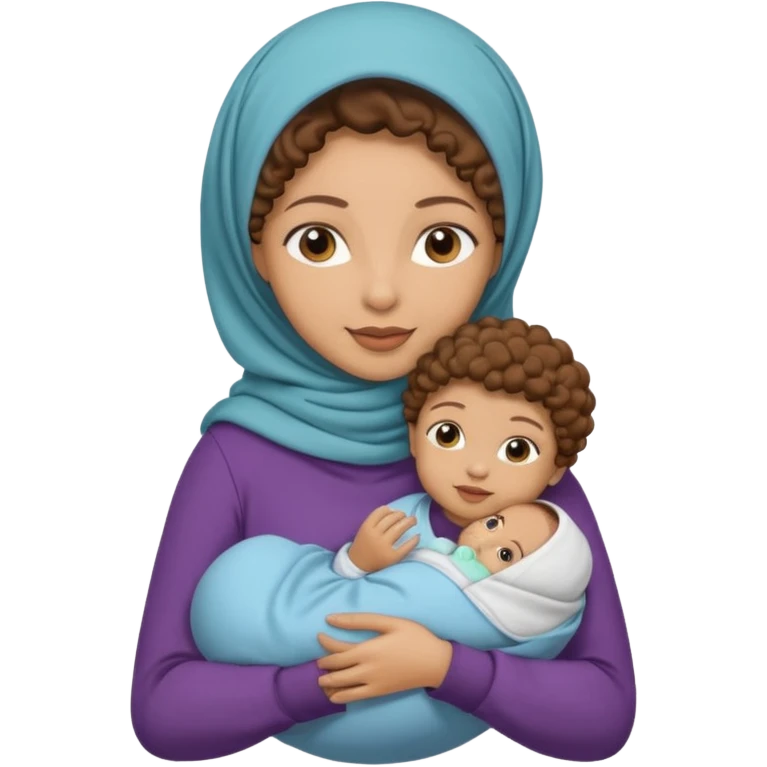 Light skin hijabi woman holding one baby boy brown curls emoji