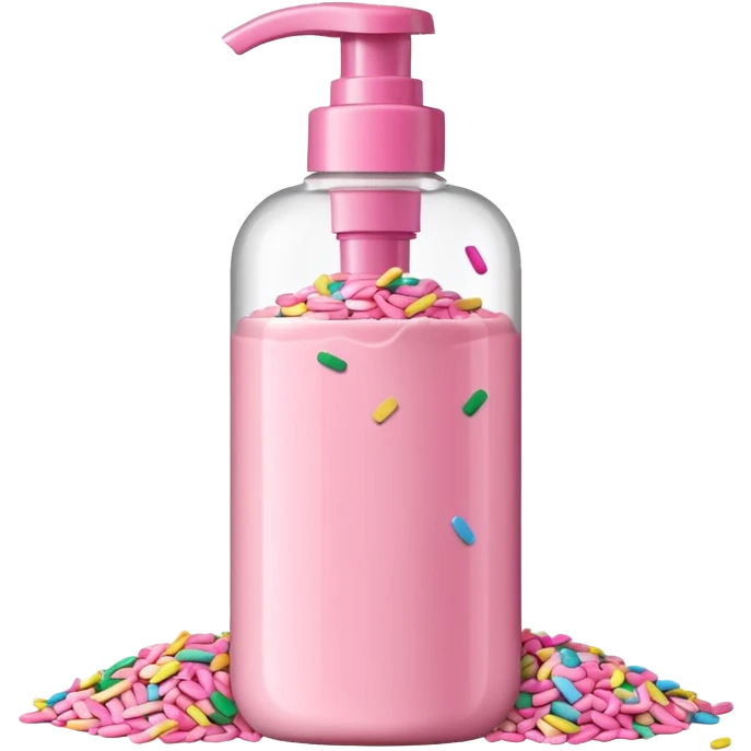 Pink shower gel light pink bottle with sprinkles and confeti on the bottle with a flip cap emoji