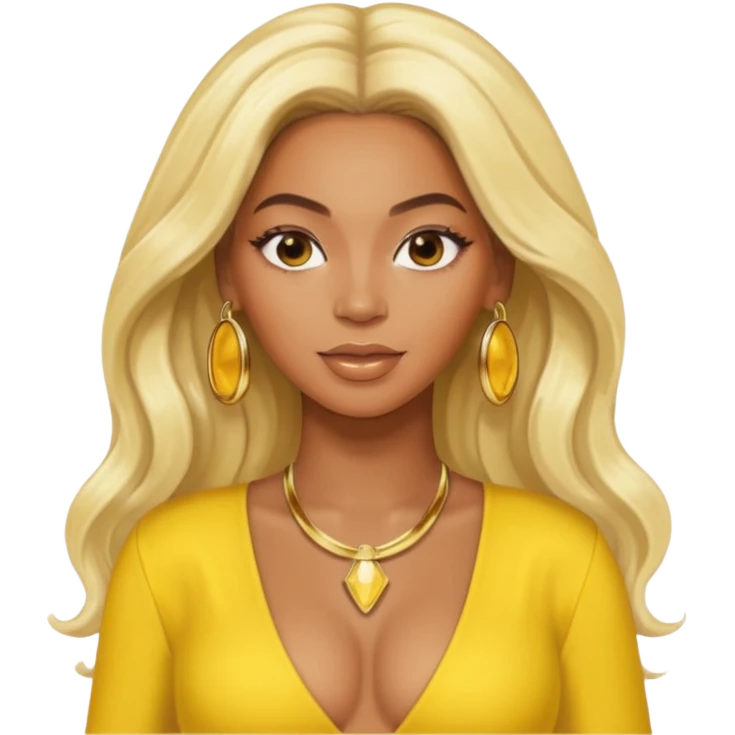 Beyonce with platinum blonde long hair, yellow outfit and earring emoji