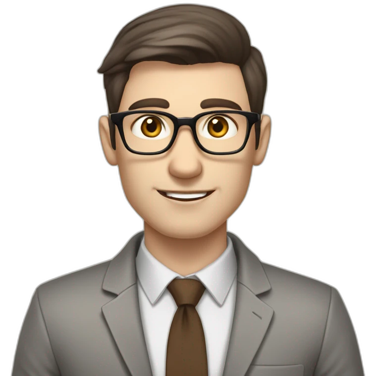 Pale skinned fit man with dark brown hair in gray jacket, beige office shirt, brown tie, brown pants and vintage glasses Writing text on a flipchart emoji