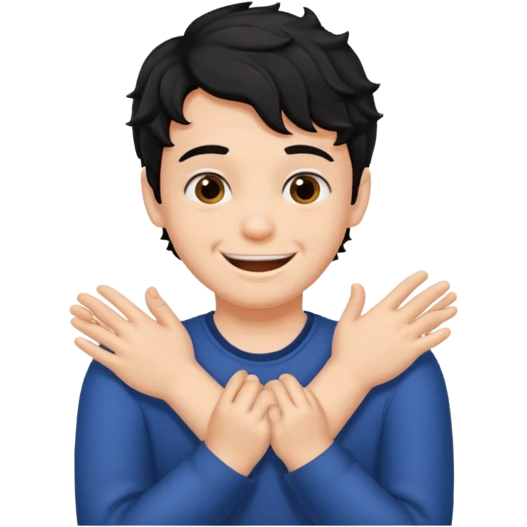 a boy with black wavy hair smiling very big but strangling his neck with his hands emoji