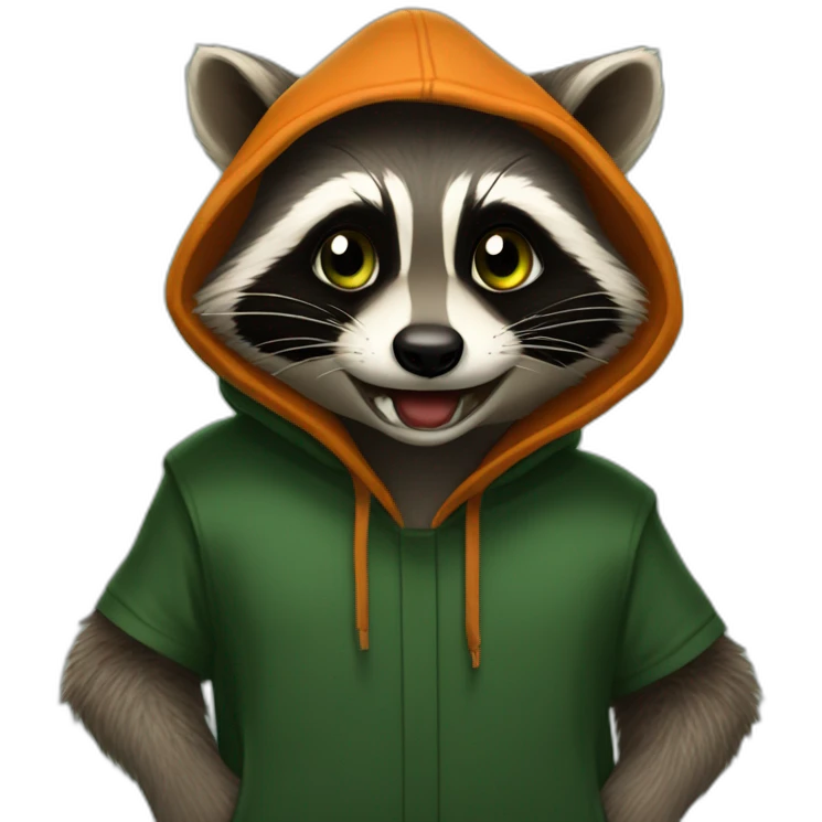 80 / 5,000 Resultados de traducción Traducción brown raccoon with orange eyes and a dark green hood that is laughing emoji