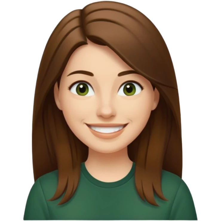 30 yr Caucasian woman long brown straight hair parted on side dark green shirt big smile emoji