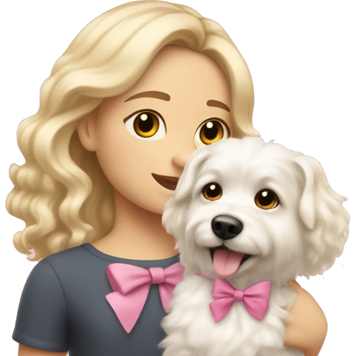 blonde girl with wavy hair taking a little fluffy white dog for a walk with a pink bow emoji