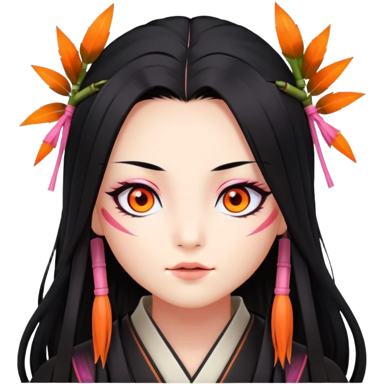 Nezuko with long black hair with orange tips, pink eyes, bamboo muzzle in mouth emoji