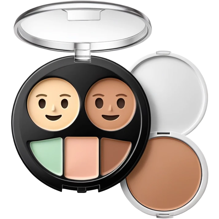 3D emoji-style makeup product, a circular NYX face sculpting palette with three makeup pans inside (highlighter, contour, bronzer) in neutral tones. Realistic compact makeup item, soft shadows, glossy plastic lid, minimal Apple-style design, pastel background. emoji