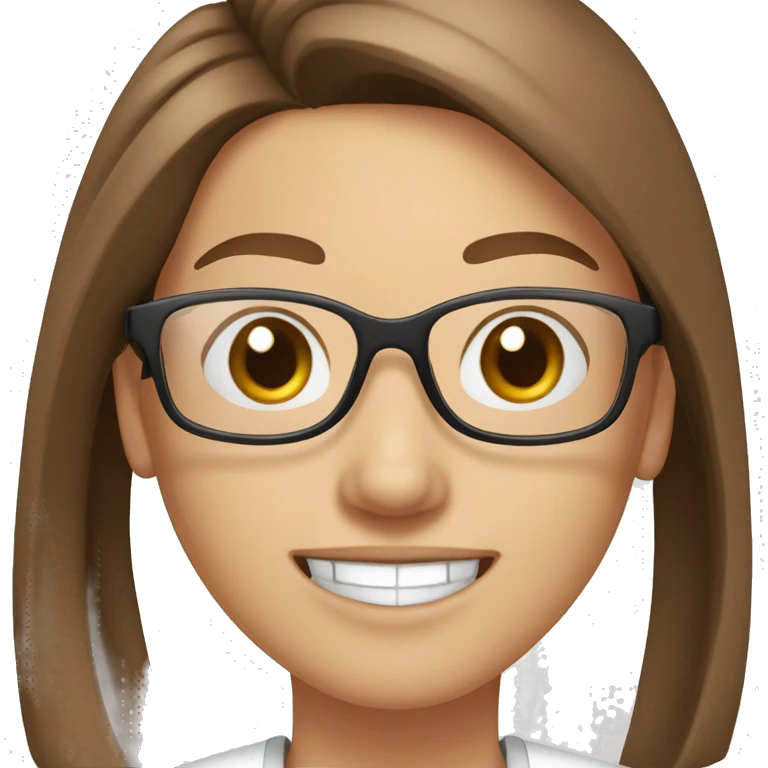 Pharmacist white skin, long straight pony tail brown hair, clear thi glasses and a big smile, female emoji