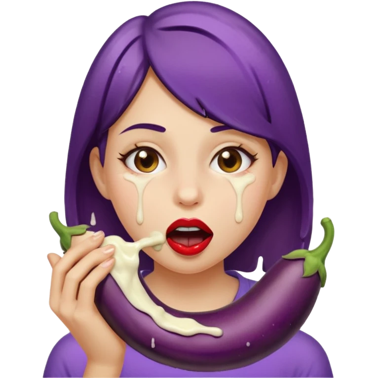 Naked Girl sucking on egg plant, egg plant between lips, cream dripping from mouth emoji