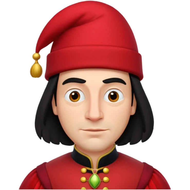 lord farquad avec un chapeau rouge plat sur le dessus, il a un vêtement rouge avec des manches bouffantes emoji