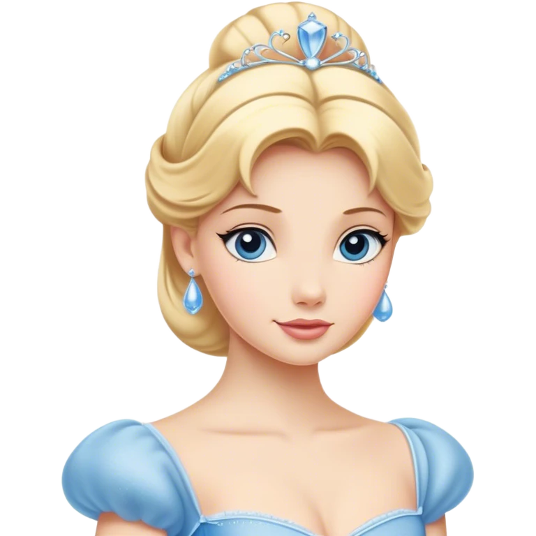 Cinematic Elegant Cinderella Portrait Emoji, rendered in a flat, vector-style with minimal shading and bold, simplified shapes. Depict Cinderella in her classic ball gown (chest and above) with fair, porcelain skin and elegantly styled blonde hair, her eyes soft and kind, and her expression serene and graceful. The design glows with a gentle, enchanting radiance and high shine, capturing the timeless beauty of a fairy tale princess. emoji