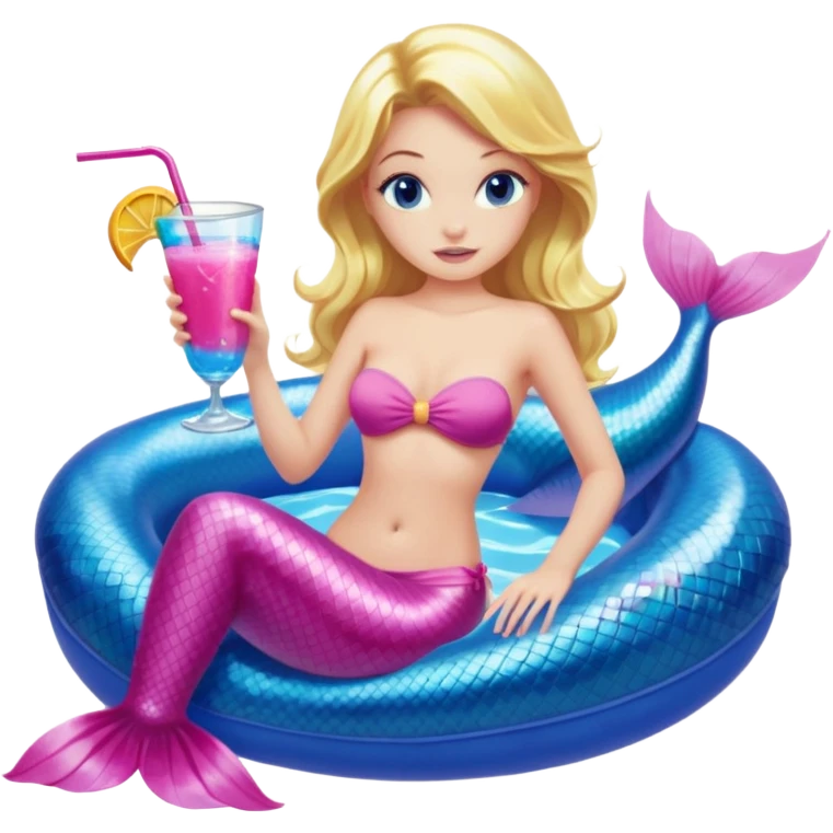 woman who is a mermaid with blonde hair and blue eyes sitting in a pink pool tube in a blue pool sipping a drink wearing a pink bikini top and a pink mermaid tail  emoji