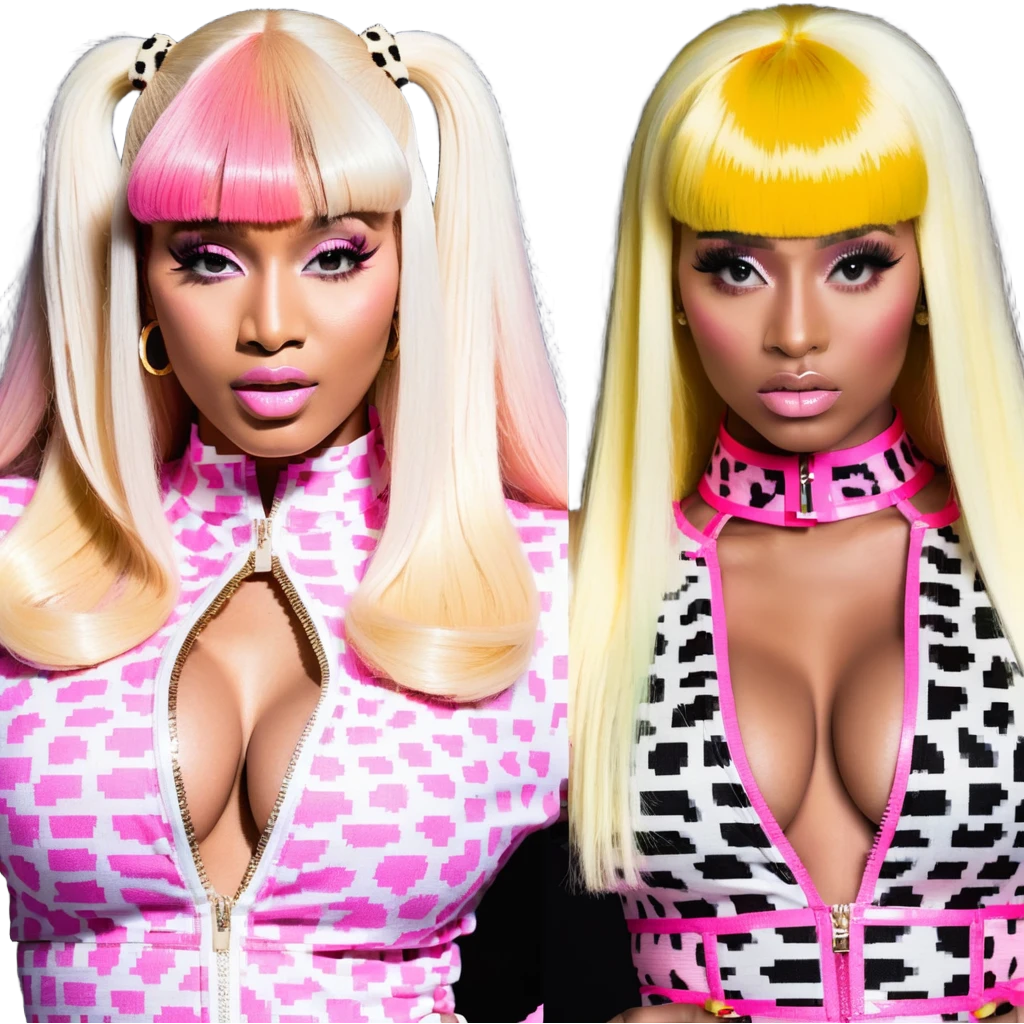 Nicki Minaj in pink and white leopard print outfit with bangs and split-dyed hair blonde on left side pink on right side emoji