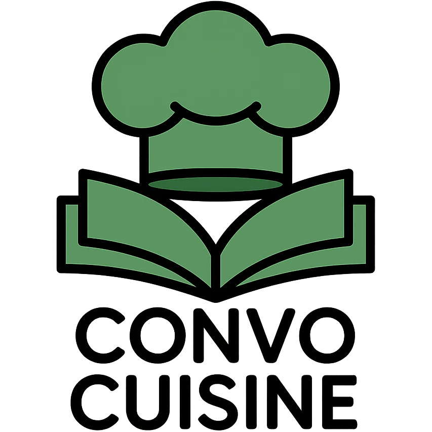 green elegant logo for Convo Cuisine recipe book with chef hat and open book emoji