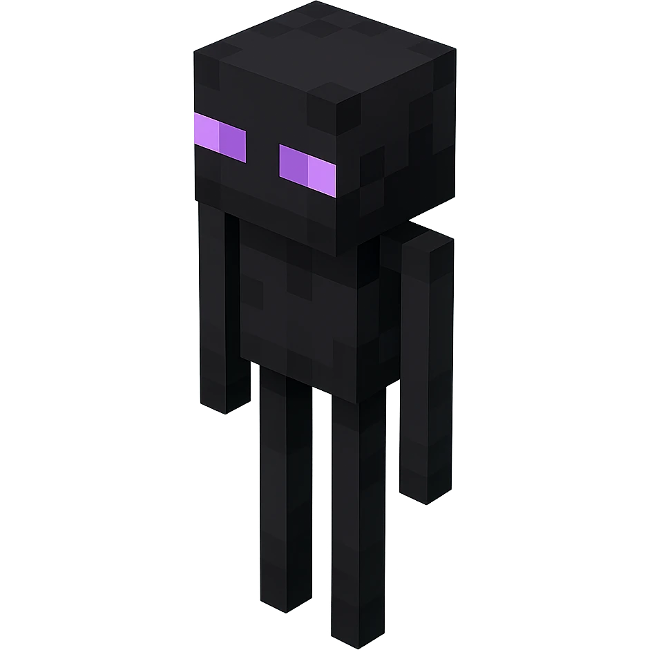 Minecraft Enderman, 3D blocky voxel style, tall and black with purple eyes, facing forward, classic Minecraft look emoji