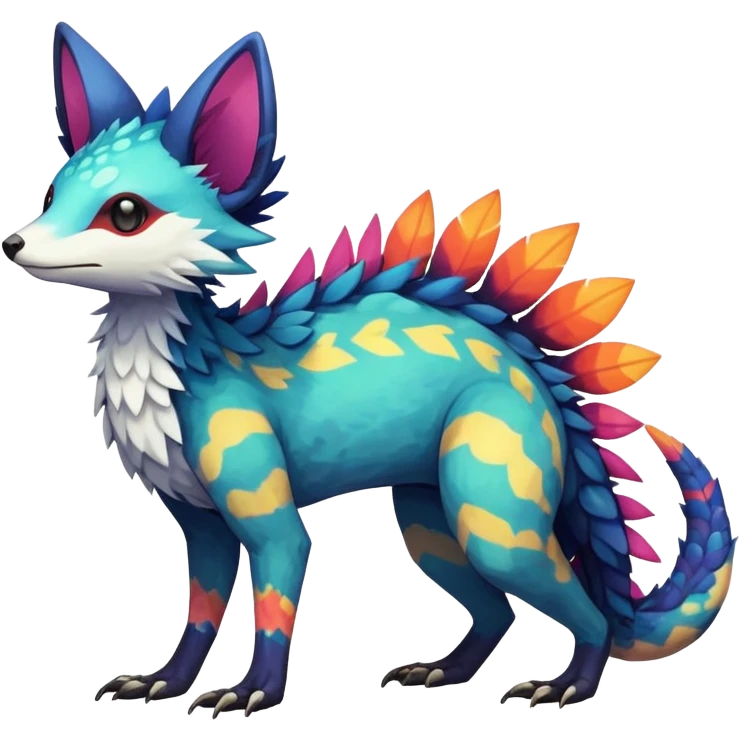 Rare realistic exotic edgy epic cute pretty beautiful handsome gorgeous aesthetic colorful vibrant Vernid-Trico-species-Fakemon-creature by LiLaiRa, 4 legs, 1 tail, random markings, (full body) emoji