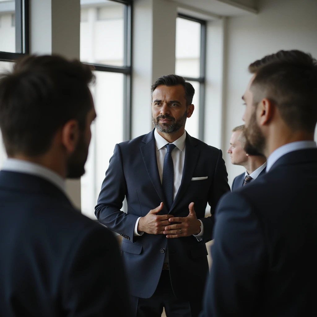an indian businessman standing talking to a group emoji
