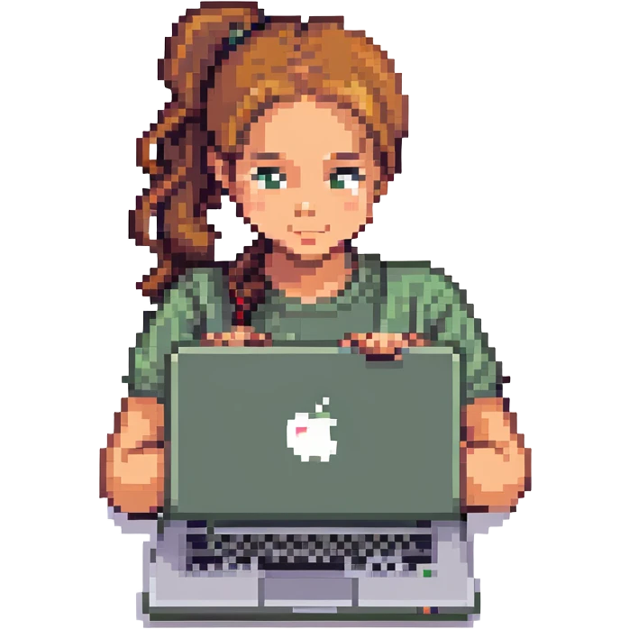 girl with ponytail using a laptop with an apple logo, simple background, pixel art style emoji