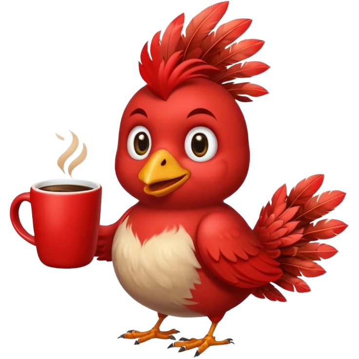 Smiling red bird holding a coffee mug by the handle emoji