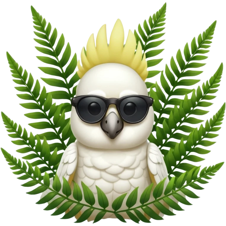 sulfer crested cockatoo wearing sunglasses sitting in a green fern tree emoji