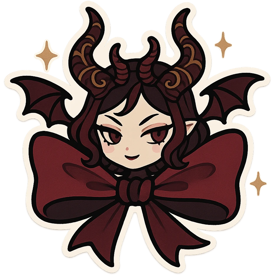 devil bow, chibi style, dark red and black colors, ornate horns, dramatic shadows, elegant and sinister, bat wings, sparkles emoji