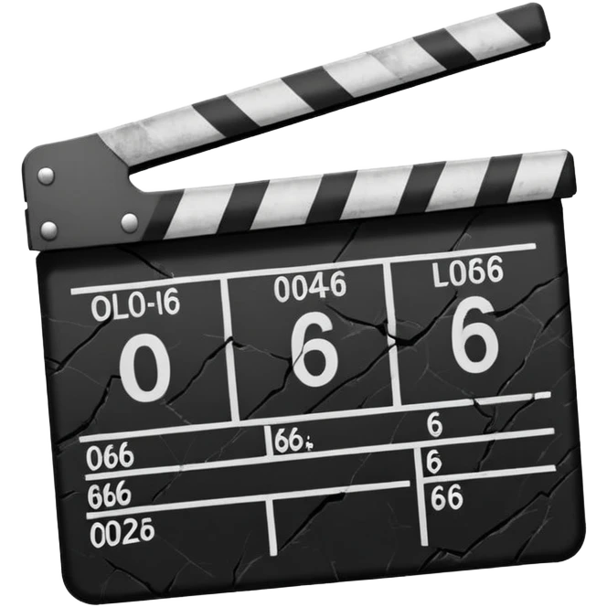 Minimalist emoji-style sticker of a cracked movie clapperboard with the date “06/06/66”, faint scorched marks, all in grayscale


 emoji