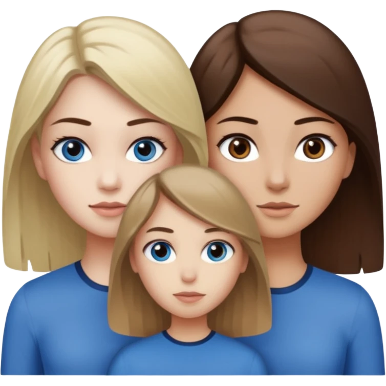 a trio of people where one girl in the back has white skin, brown hair, and brown eyes; another girl in the back has white skin, dirty blonde hair, and blue eyes; and the girl in the front has tan skin, dark brown hair and dark brown eyes. emoji